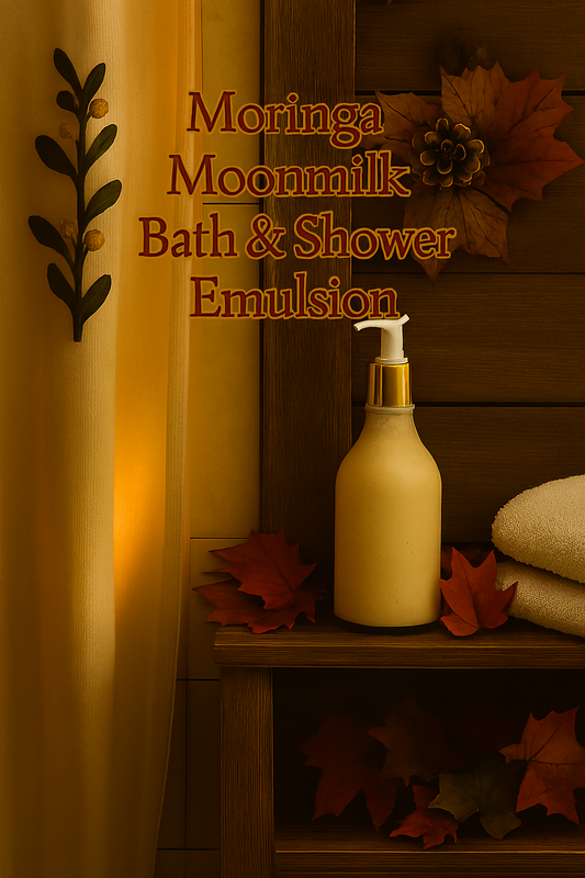 Bottle of Moringa Moonmilk Bath & Shower Emulsion on a wooden shelf with autumn leaves.