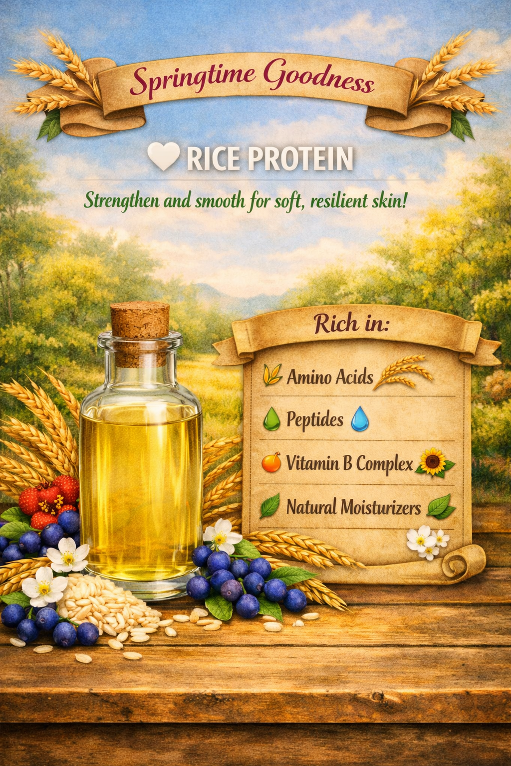 A glass bottle of rice protein surrounded by rice grains, wheat stalks, blueberries, white blossoms, and red berries against a spring countryside backdrop. Scroll text describes rice protein as rich in amino acids, peptides, vitamin B complex, and natural moisturizers that help strengthen, smooth, and support soft, resilient skin.