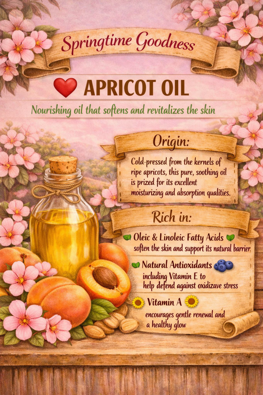 A bottle of golden apricot oil surrounded by ripe apricots, apricot kernels, and soft pink blossoms against a pastel botanical backdrop. Scroll text describes apricot oil as cold‑pressed from apricot kernels and rich in oleic and linoleic fatty acids that soften and support the skin barrier, natural antioxidants including vitamin E for protection, and vitamin A for gentle renewal and a healthy glow.