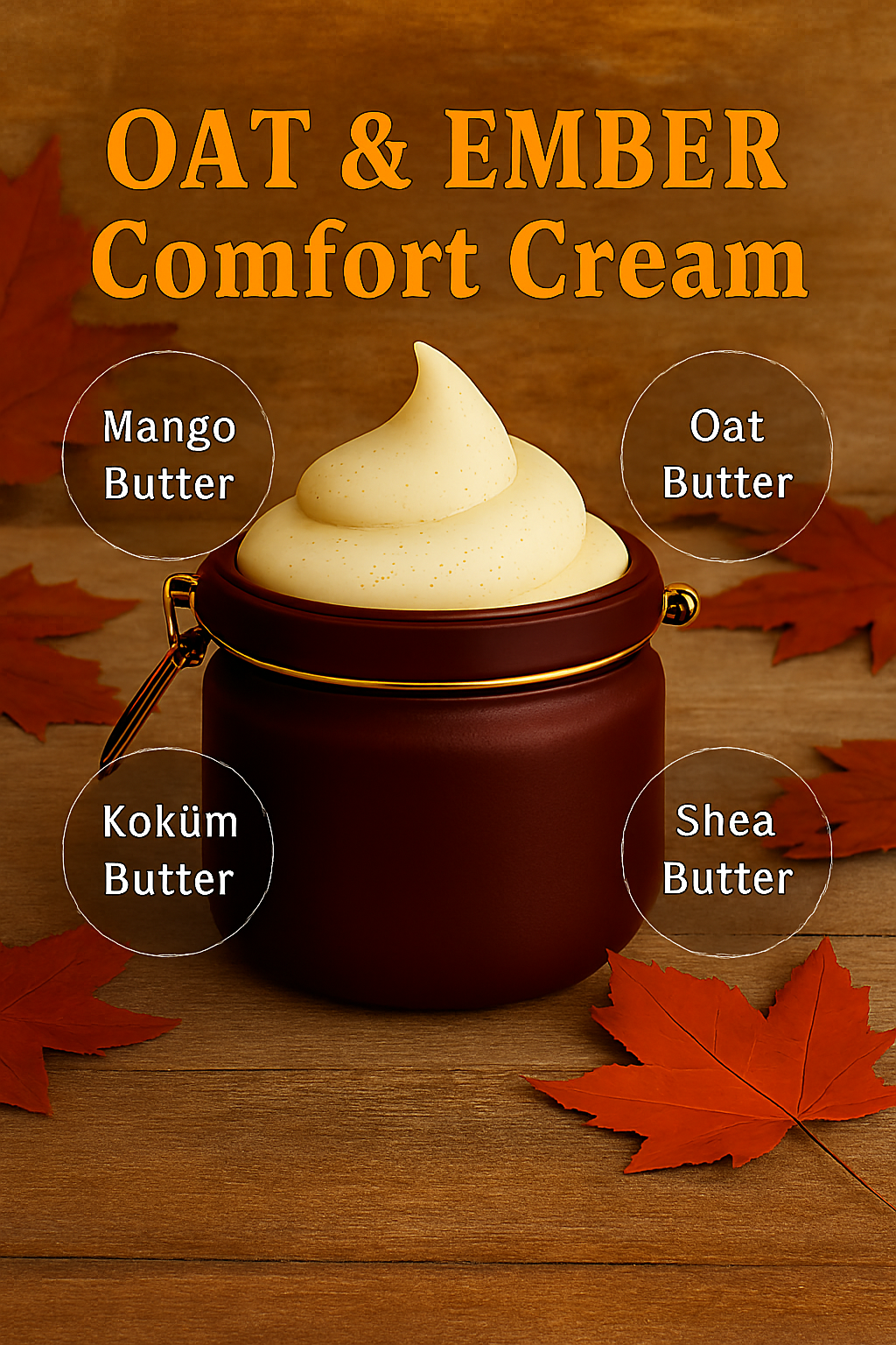 OAT & EMBER Comfort Cream in a dark brown jar with gold clasp, topped with a swirl of pale yellow whipped body butter speckled with oat particles. Set on a warm wood surface with scattered red maple leaves. Autumn-inspired skincare featuring Mango Butter, Oat Butter, Kokum Butter, and Shea Butter—perfect for dry fall skin and cozy self-care routines