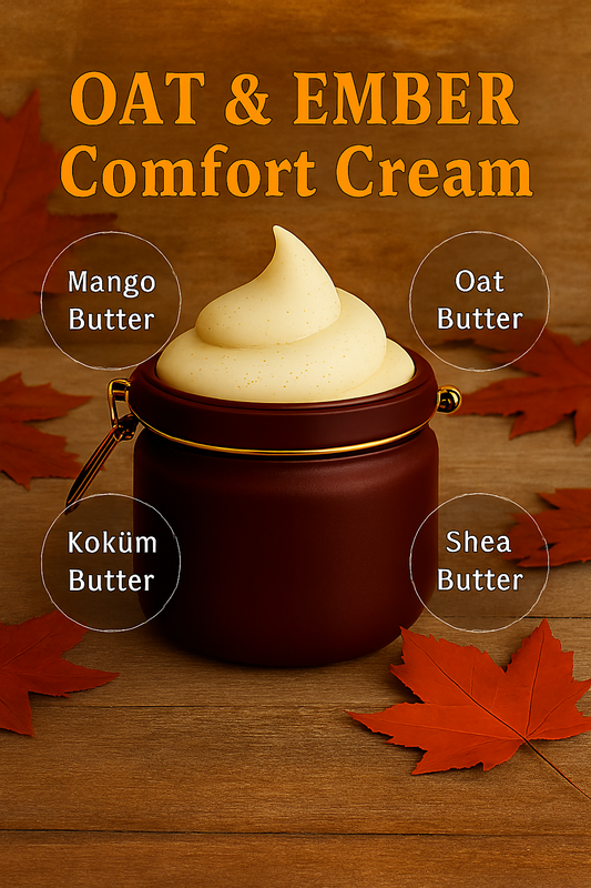 OAT & EMBER Comfort Cream in a dark brown jar with gold clasp, topped with a swirl of pale yellow whipped body butter speckled with oat particles. Set on a warm wood surface with scattered red maple leaves. Autumn-inspired skincare featuring Mango Butter, Oat Butter, Kokum Butter, and Shea Butter—perfect for dry fall skin and cozy self-care routines
