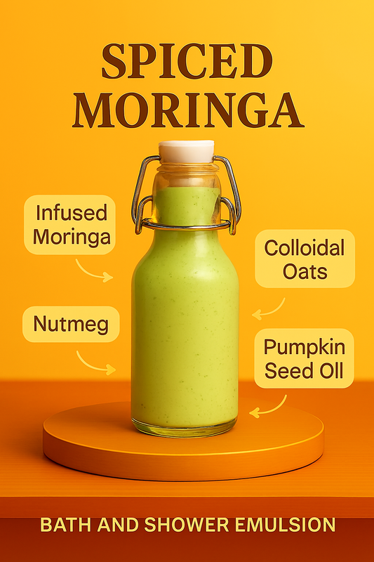 Spiced Moringa Bath and Shower Emulsion in a clear glass bottle with a vintage swing-top cap, filled with vibrant green emulsion speckled with botanical flecks. Displayed on a round orange platform against a warm yellow-orange background. Ingredient callouts include Infused Moringa, Nutmeg, Colloidal Oats, and Pumpkin Seed Oil. Cozy, wellness-inspired design perfect for fall self-care listings.