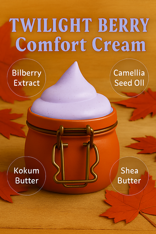 Twilight Berry Comfort Cream with ingredients on a wooden background