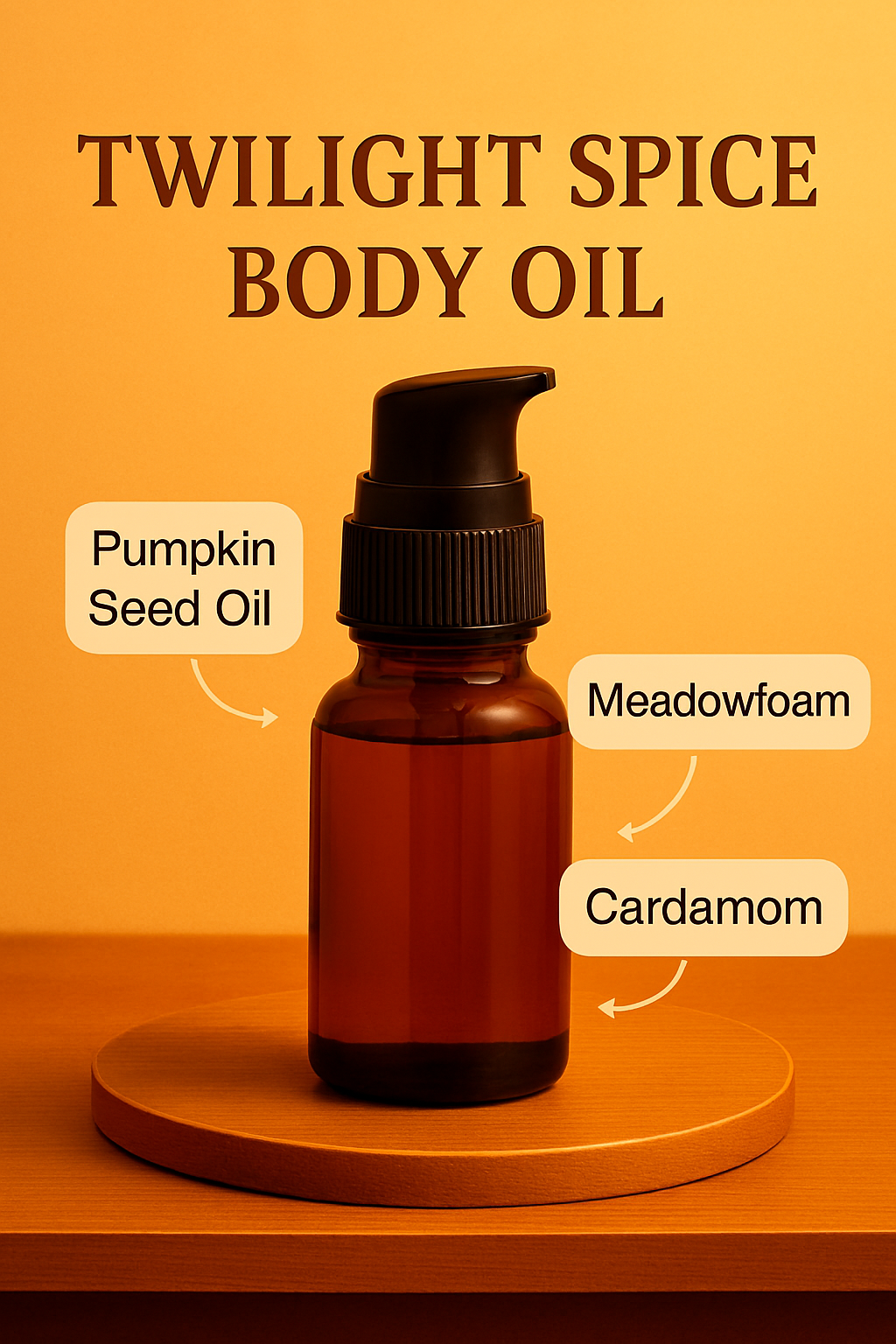 Twilight Spice Body Oil in a small amber glass bottle with a black pump dispenser, placed on a round wooden pedestal. Set against a warm orange gradient background with cozy autumn tones. Three cream-colored ingredient callouts—Pumpkin Seed Oil, Meadowfoam, and Cardamom—highlight the natural, aromatic blend. Perfect for fall skincare routines and nourishing seasonal self-care.