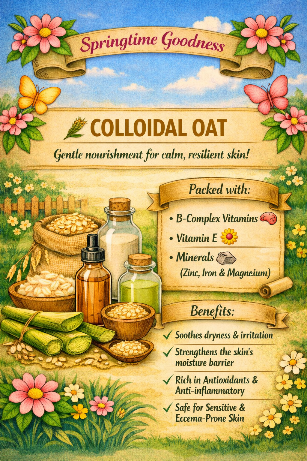 A decorative display of colloidal oat in bowls and jars surrounded by flowers, butterflies, and a bright spring garden scene. The image text highlights colloidal oat as packed with B‑complex vitamins, vitamin E, and minerals like zinc, iron, and magnesium. Benefits listed include soothing dryness and irritation, strengthening the moisture barrier, antioxidant and anti‑inflammatory support, and suitability for sensitive or eczema‑prone skin.