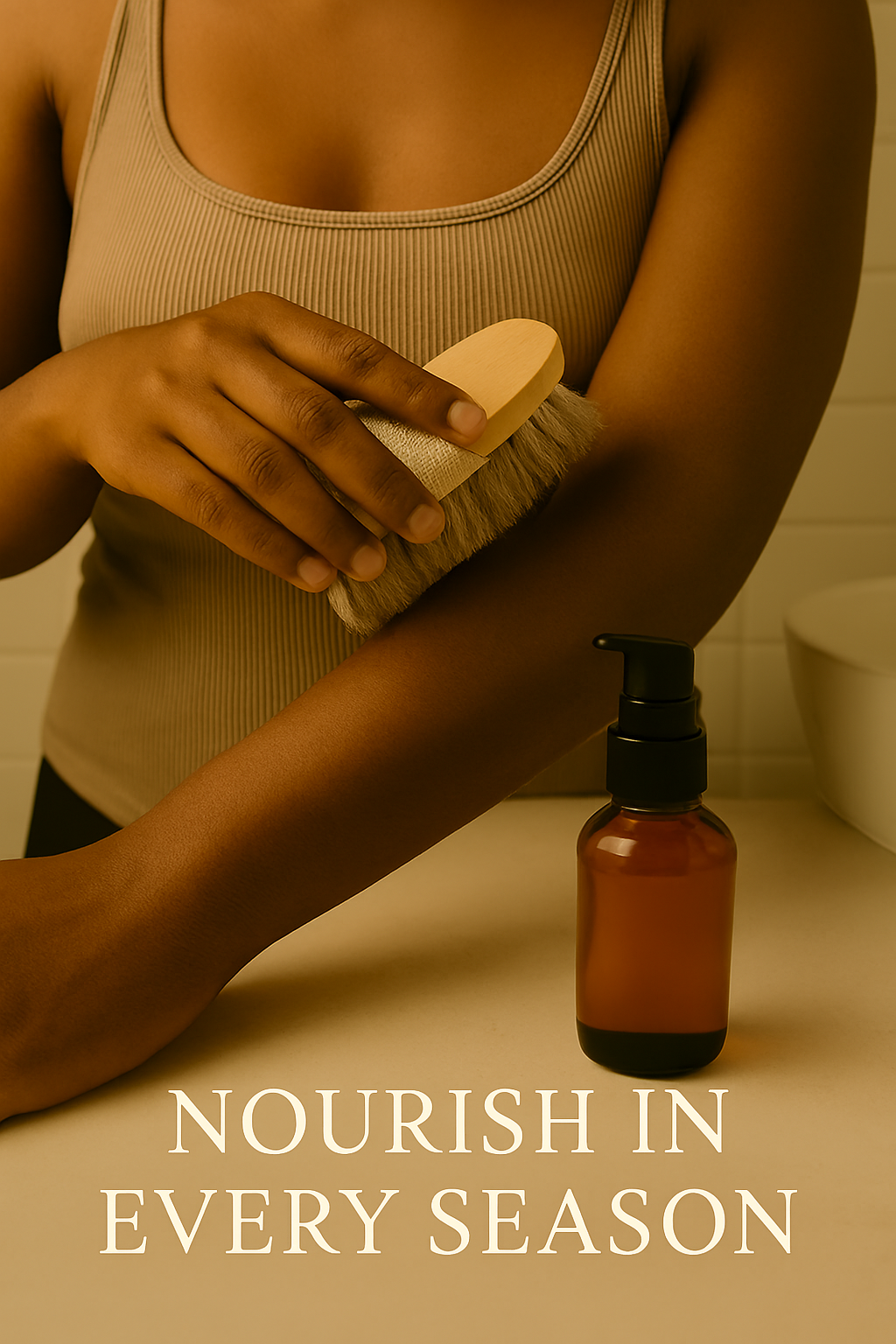 Person using a brush on their arm with a bottle of skincare product, text 'Nourish in Every Season' below.