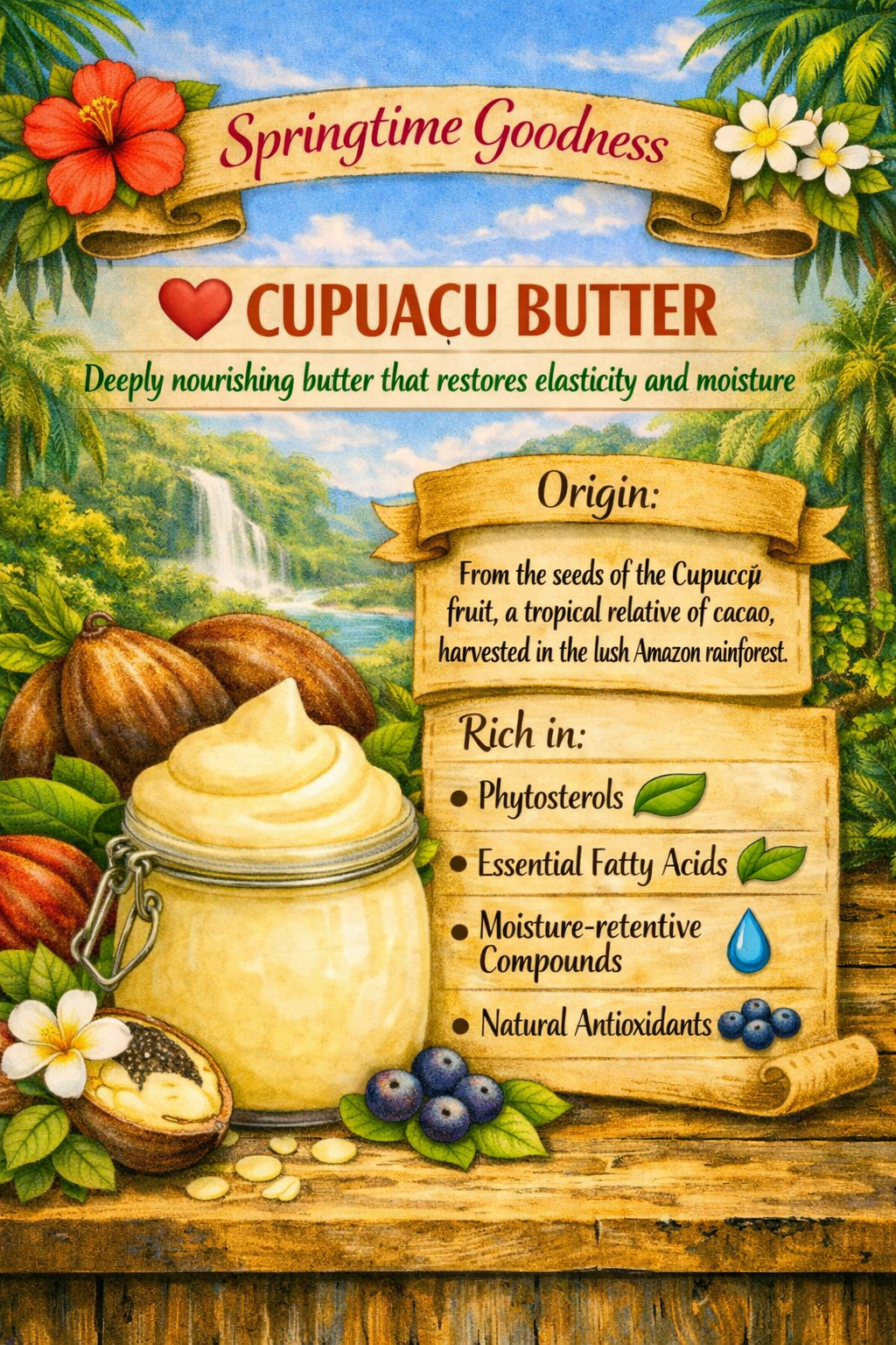 A jar of cupuaçu butter surrounded by tropical fruits, flowers, and lush Amazon greenery. Text on the image notes its origin from cupuaçu seeds harvested in the Amazon rainforest and highlights its richness in phytosterols, essential fatty acids, moisture‑retentive compounds, and natural antioxidants.