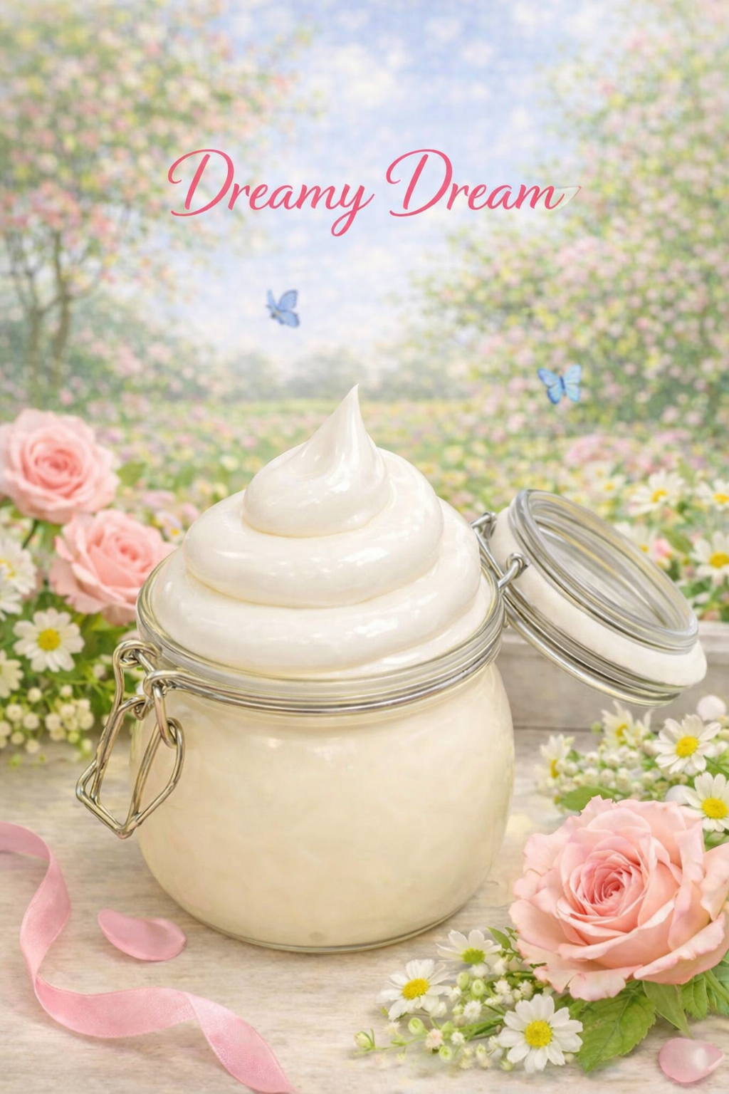 Jar of white cream with a pink ribbon on a floral background with 'Dreamy Dream' text.