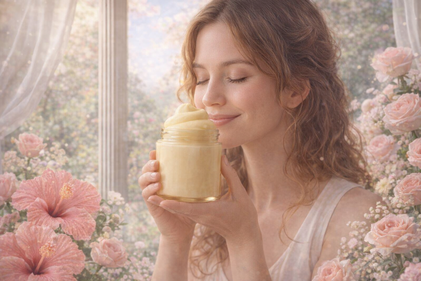 Woman holding a jar of cream with flowers in the background