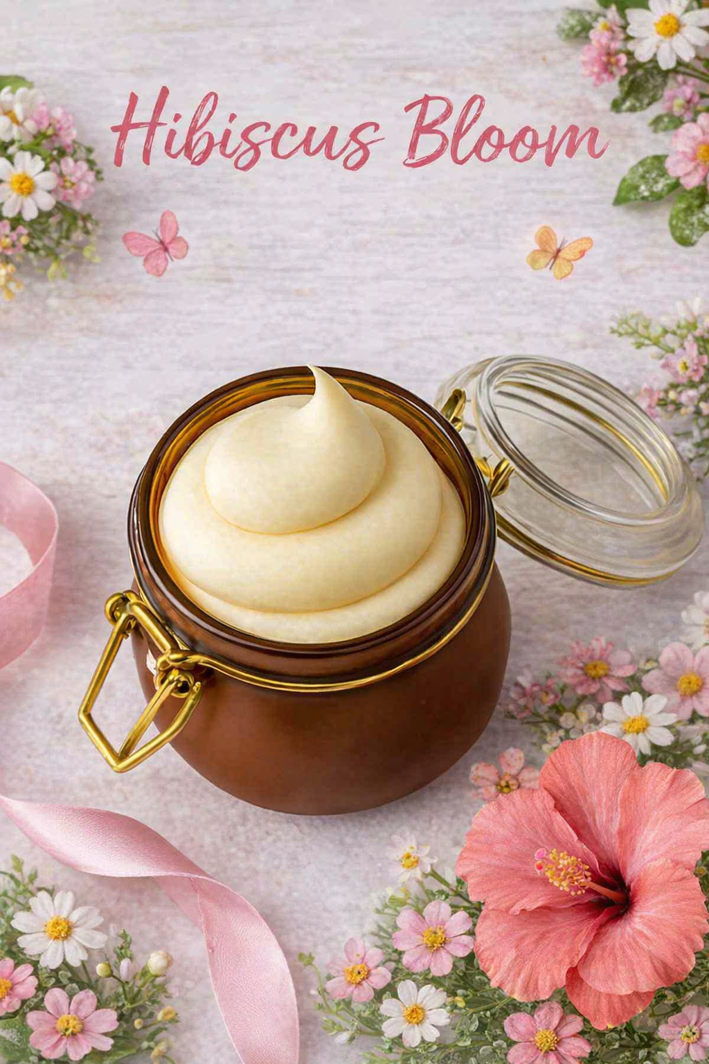 Jar of cream with hibiscus flowers and 'Hibiscus Bloom' text on a floral background