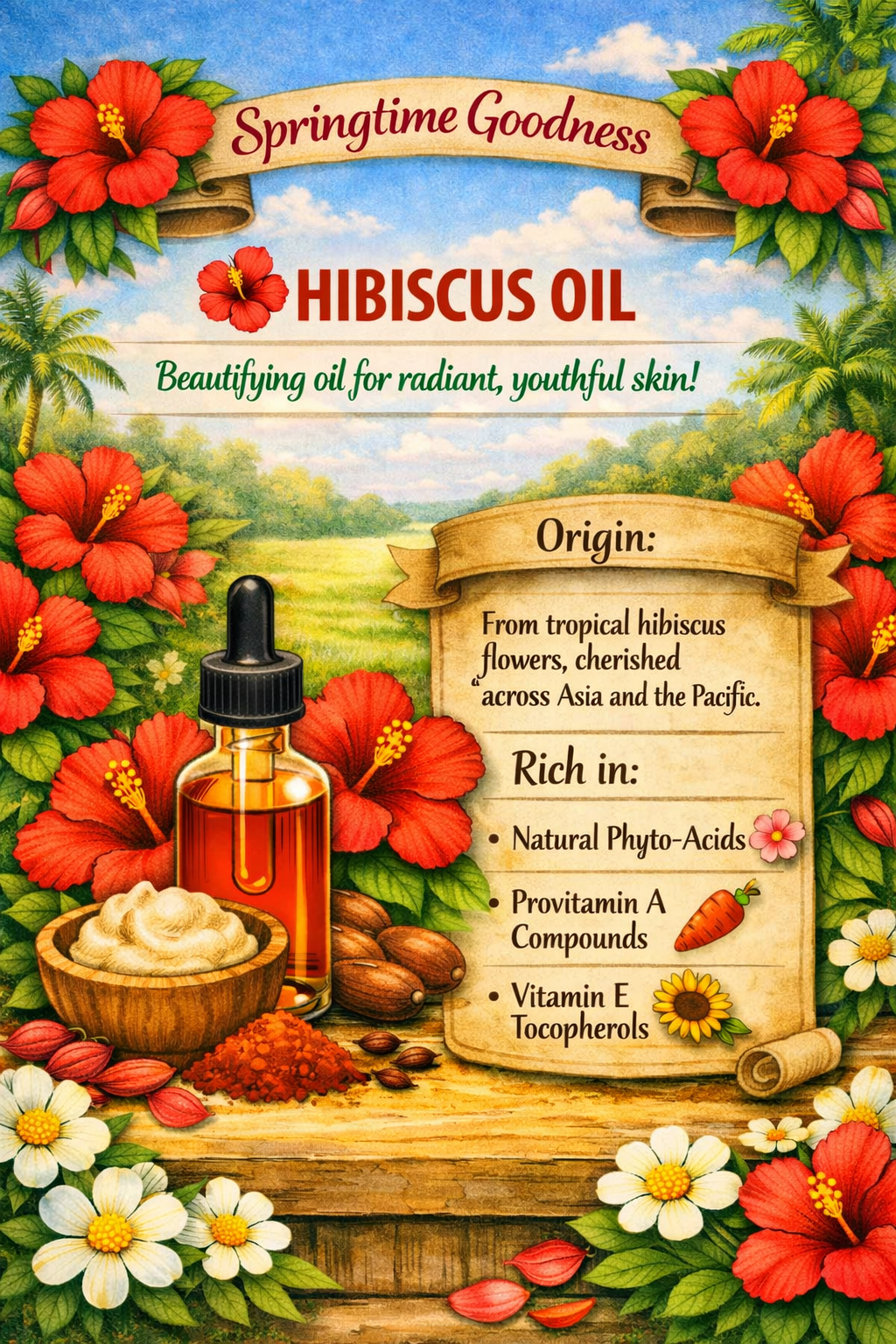 A dropper bottle of hibiscus oil arranged with hibiscus flowers, nuts, and natural ingredients on a wooden surface. The image text describes hibiscus oil as originating from tropical hibiscus flowers and rich in natural phyto‑acids, provitamin A compounds, and vitamin E tocopherols.