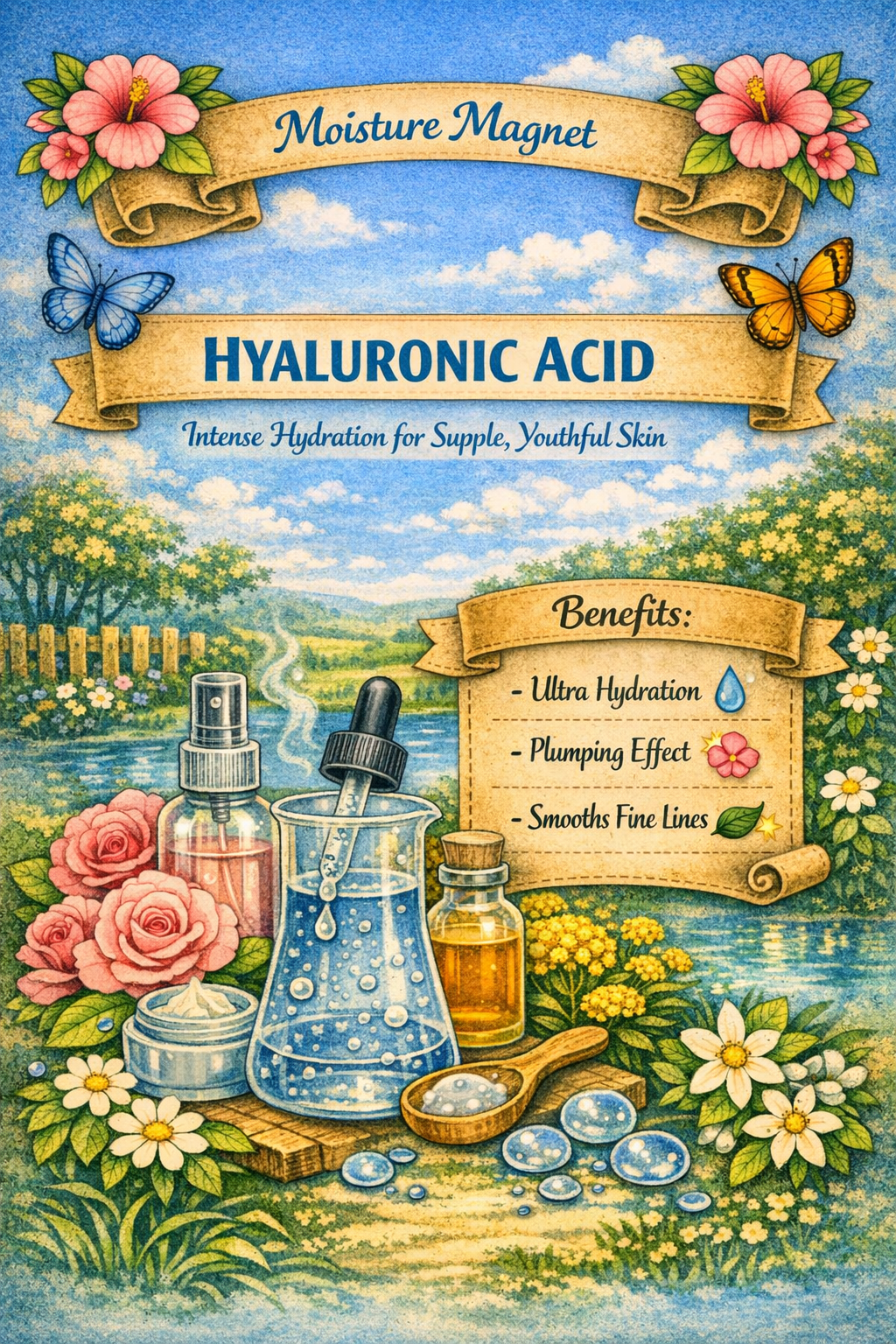 Illustration of skincare products with flowers and butterflies, promoting hyaluronic acid.