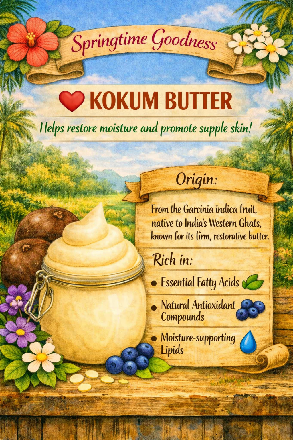 A jar of kokum butter displayed among tropical leaves, flowers, and fruits with a bright outdoor backdrop. The scroll text explains that kokum butter comes from the Garcinia indica fruit native to India’s Western Ghats and is rich in essential fatty acids, natural antioxidant compounds, and moisture‑supporting lipids.