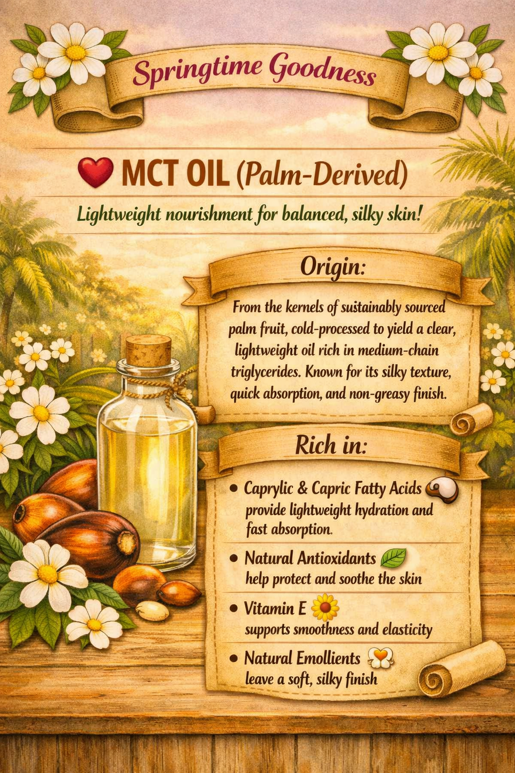 A bottle of palm‑derived MCT oil arranged with palm fruits, white tropical flowers, and botanical elements. The scroll text describes its origin from sustainably sourced palm kernels and highlights its richness in caprylic and capric fatty acids, natural antioxidants, vitamin E, and softening emollients.