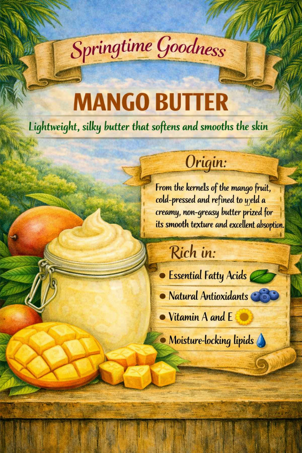 A jar of creamy mango butter surrounded by whole mangoes, mango cubes, and tropical greenery. The image text notes that mango butter is cold‑pressed from mango kernels and rich in essential fatty acids, natural antioxidants, vitamins A and E, and moisture‑locking lipids.