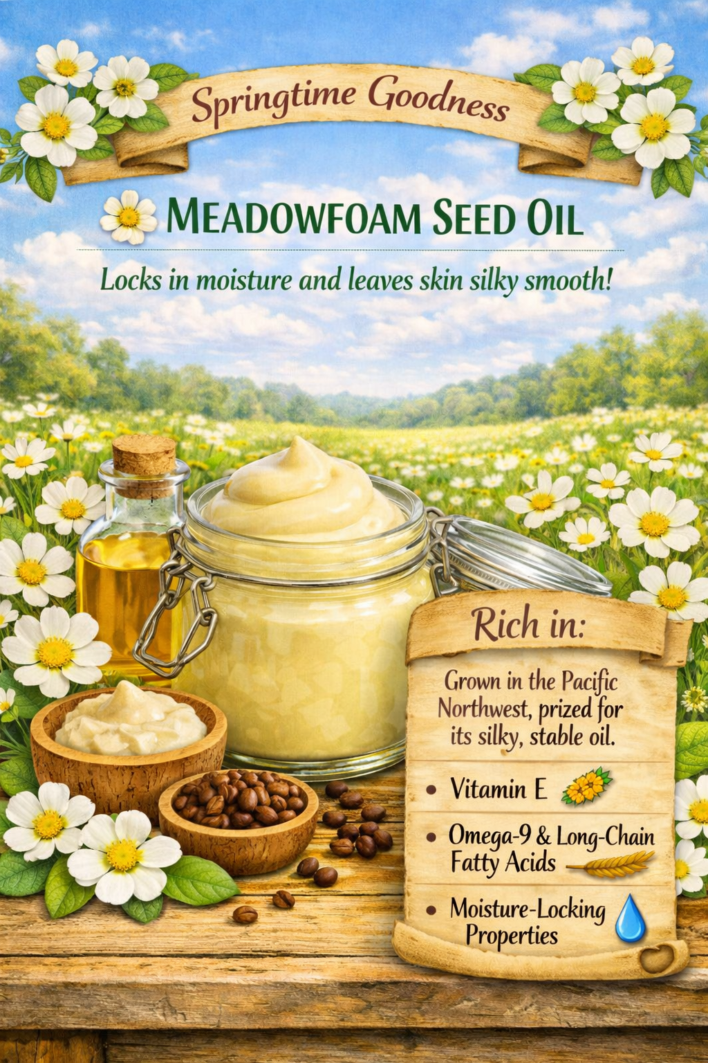 A bottle of meadowfoam seed oil displayed with meadowfoam flowers, seeds, and a spring meadow backdrop. The scroll text notes that meadowfoam is grown in the Pacific Northwest and is rich in vitamin E, omega‑9 and long‑chain fatty acids, and moisture‑locking properties that leave skin silky smooth.