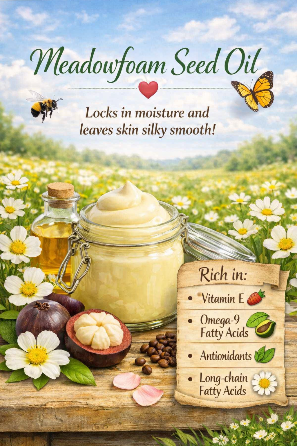 A bottle of meadowfoam seed oil displayed with meadowfoam flowers, seeds, and a spring meadow backdrop. The scroll text notes that meadowfoam is grown in the Pacific Northwest and is rich in vitamin E, omega‑9 and long‑chain fatty acids, and moisture‑locking properties that leave skin silky smooth.