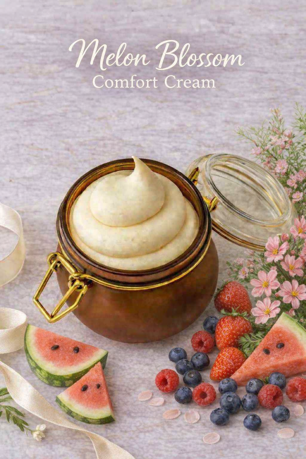 Jar of Melon Blossom Comfort Cream with fruits and flowers on a textured surface