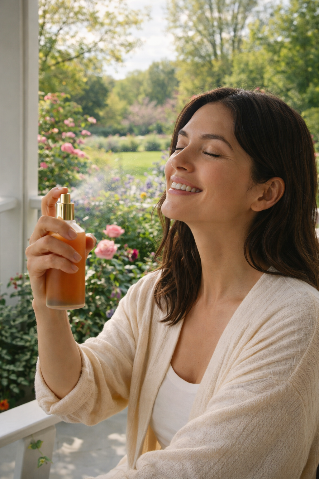 Woman holding a bottle of orange juice with a garden in the background