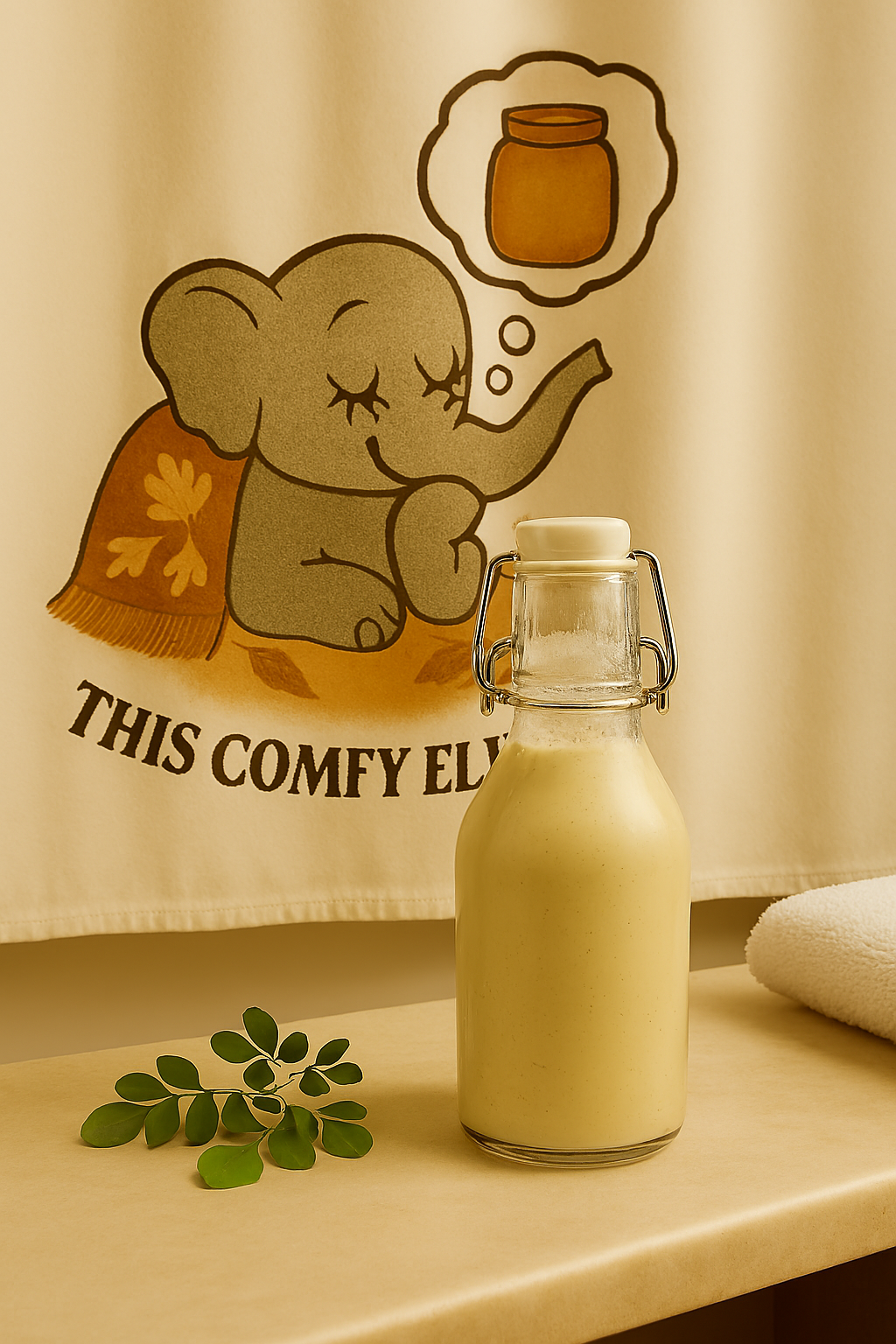 Glass bottle of Bath milk on a surface with a cartoon elephant and text towel in the background.