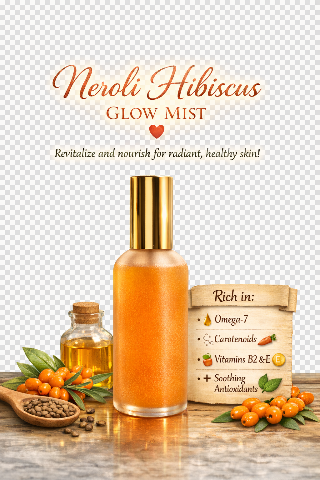 Neroli Hibiscus Glow Mist bottle with ingredients on a wooden surface
