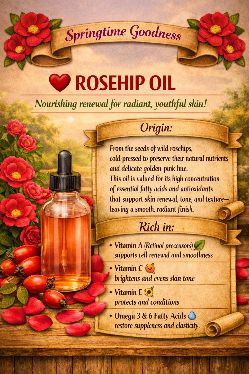 A dropper bottle of rosehip oil surrounded by rosehip fruits and red flowers with rustic scroll text. The image describes rosehip oil as cold‑pressed from wild rosehip seeds and rich in vitamin A precursors, vitamin C, vitamin E, and omega‑3 and omega‑6 fatty acids that support skin renewal, tone, and radiance.