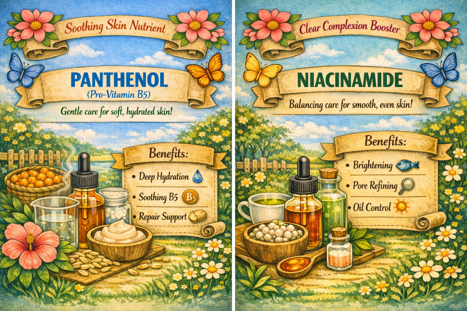 A split poster showing panthenol (Pro‑Vitamin B5) on the left and niacinamide on the right, each with dropper bottles, bowls, flowers, and symbolic icons. Panthenol is presented with deep hydration, soothing B5, and repair‑support visuals. Niacinamide is shown with brightening, pore‑refining, and oil‑balancing icons, all styled in a spring garden theme.