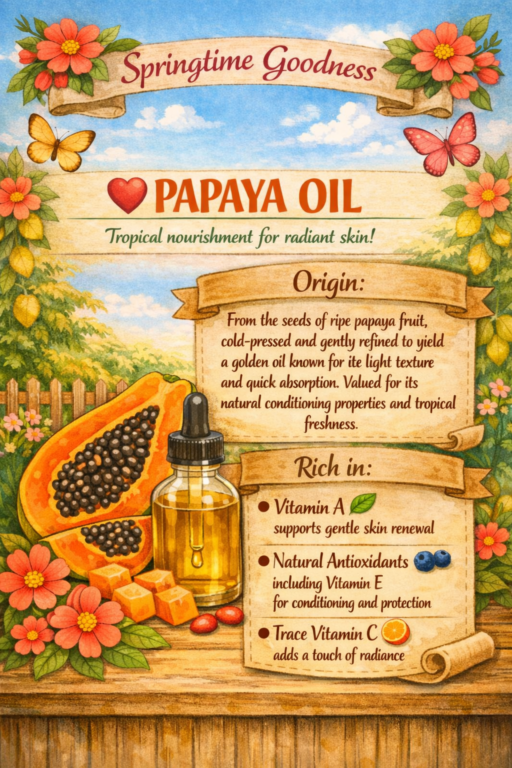A golden bottle of papaya oil arranged with papaya slices, cubes, and botanical elements against a bright garden backdrop. The text explains that papaya oil is cold‑pressed from ripe papaya seeds and rich in vitamin A, natural antioxidants including vitamin E, and trace vitamin C for gentle renewal and radiance.