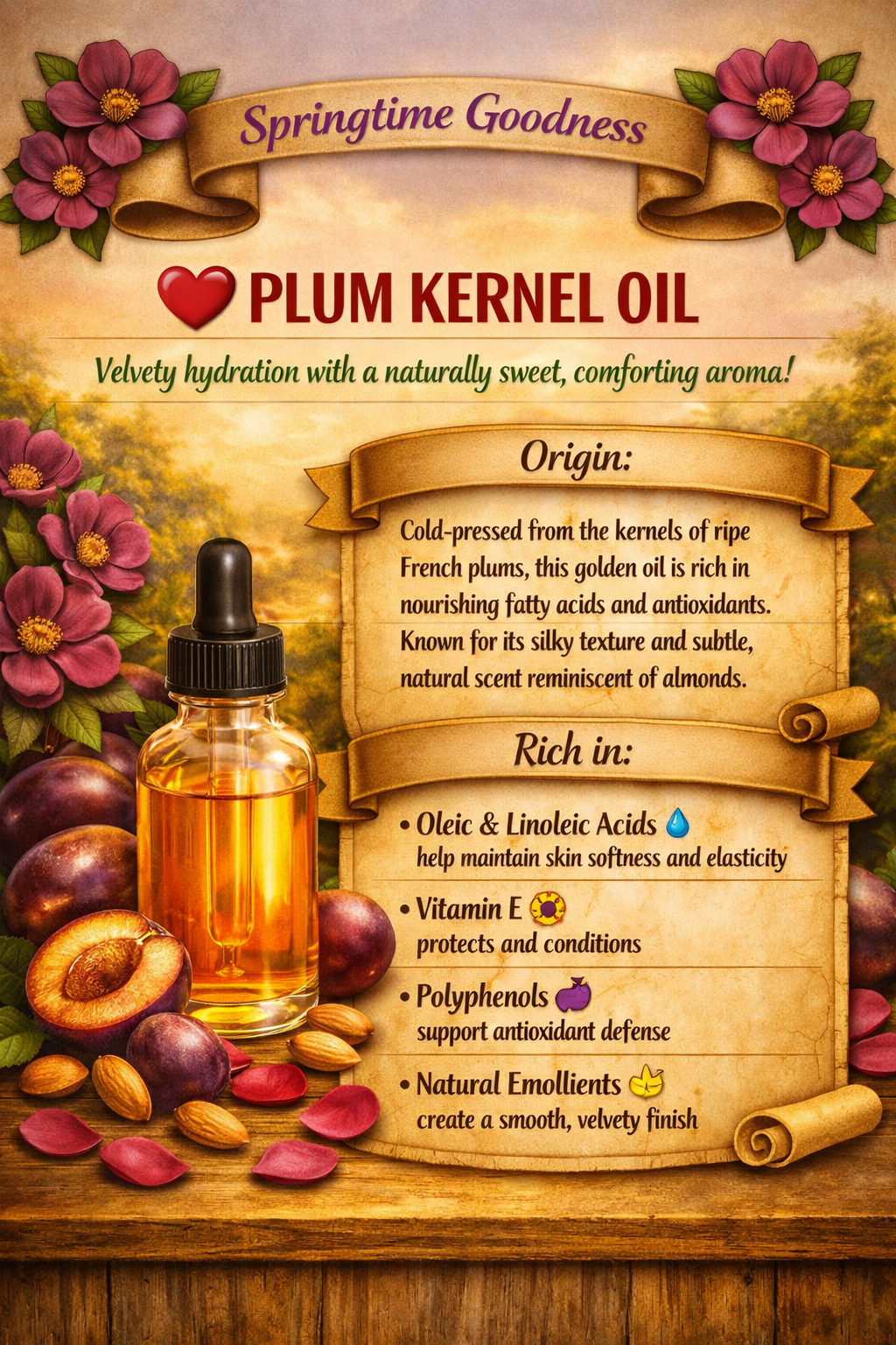 A dropper bottle of plum kernel oil surrounded by ripe plums, kernels, and pink flowers with scroll‑style text. The image notes that the oil is cold‑pressed from French plum kernels and rich in oleic and linoleic acids, vitamin E, polyphenols, and natural emollients that create a smooth, velvety finish.