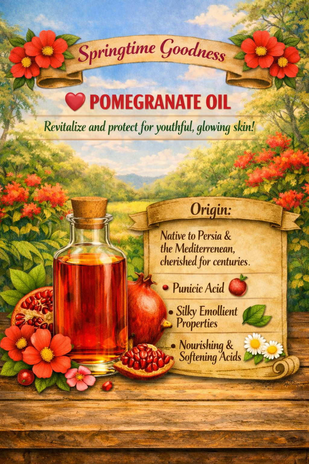 A glass bottle of red pomegranate oil surrounded by pomegranate fruits, seeds, and blossoms against a bright spring landscape. Scroll text describes pomegranate oil as originating from Persian and Mediterranean regions and rich in punicic acid, silky emollient properties, and nourishing, softening fatty acids that support a radiant, conditioned appearance.