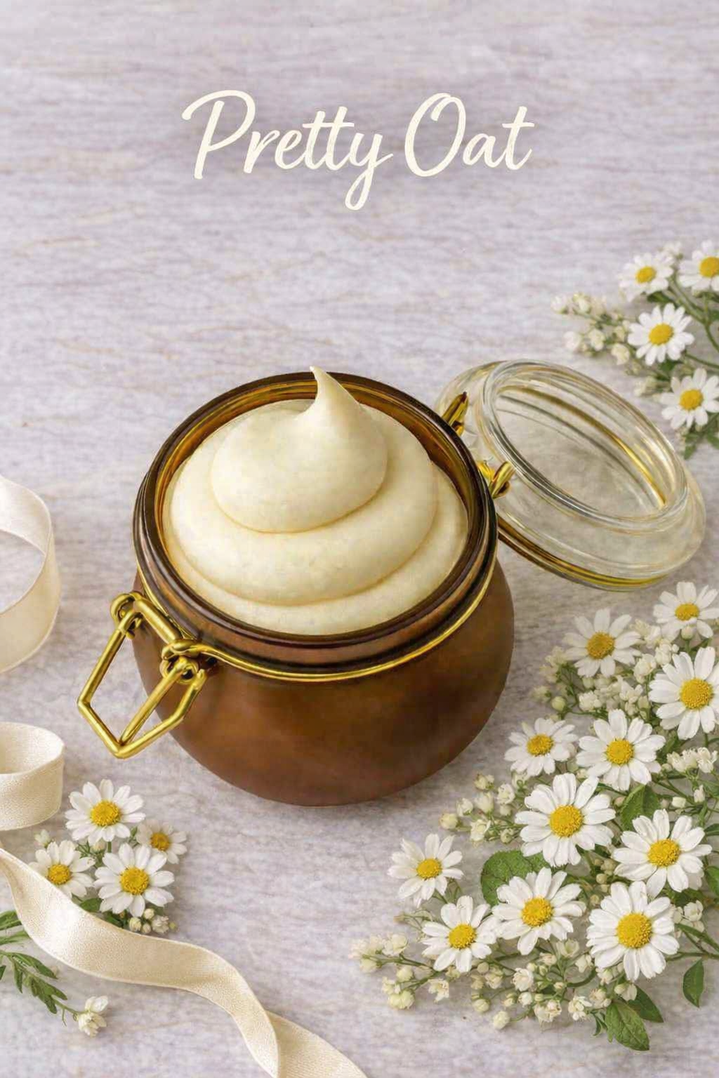 Jar of cream with a lid, surrounded by flowers and ribbons on a light background