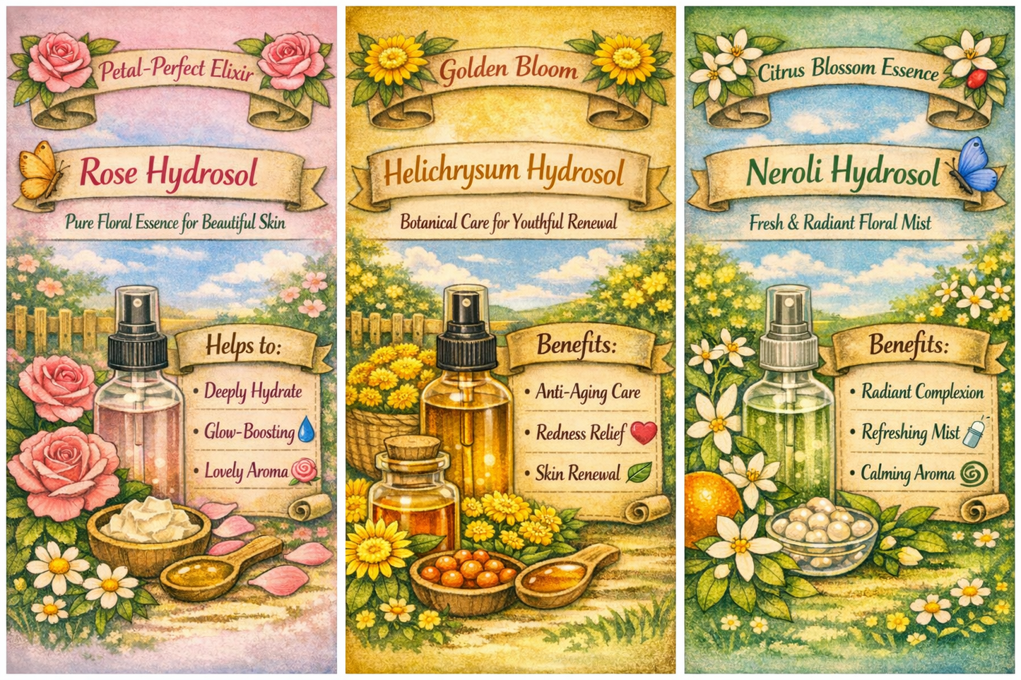 Three cards featuring different types of hydrosol with floral and botanical designs.