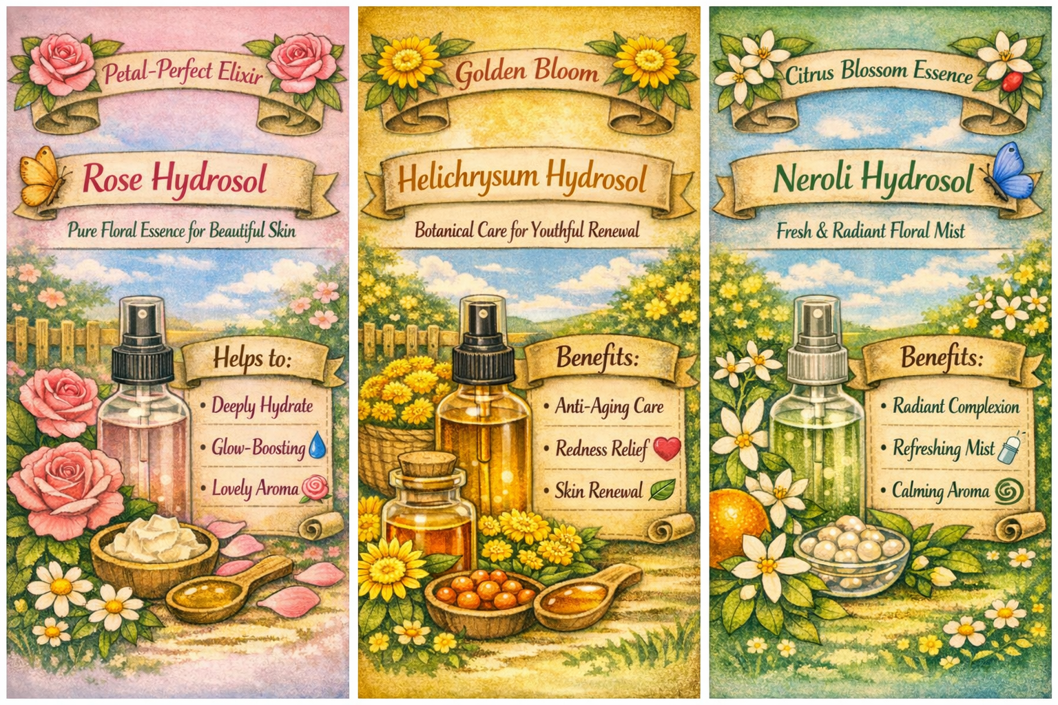 Three cards featuring different types of hydrosol with floral and botanical designs.