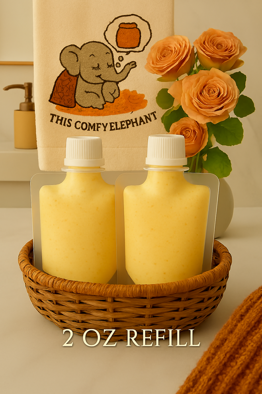 Two yellow pouches with white caps in a wicker basket, accompanied by a towel with an elephant design and flowers.
