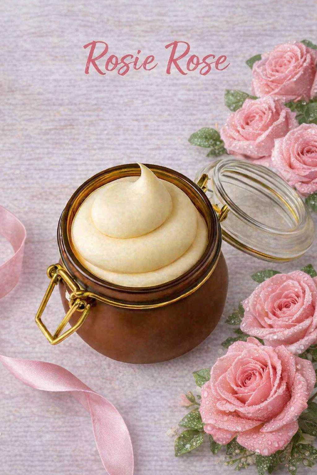Jar of cream with pink roses and 'Rosie Rose' text on a light background