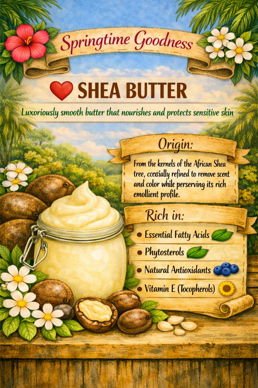 A jar of creamy shea butter surrounded by shea nuts, flowers, and lush greenery. The image text explains that shea butter comes from African shea tree kernels and is rich in essential fatty acids, phytosterols, natural antioxidants, and vitamin E, known for nourishing and protecting sensitive skin.