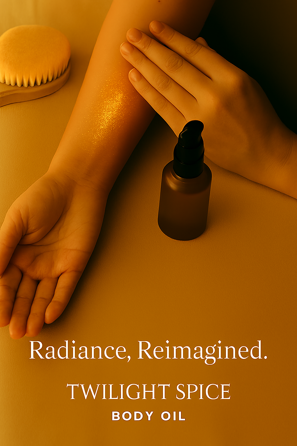 Person applying body oil to arm with text 'Radiance, Reimagined. TWILIGHT SPICE BODY OIL' on a warm-toned background.