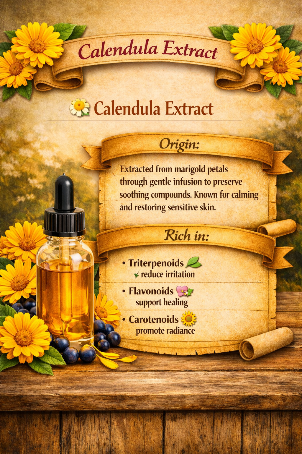 A dropper bottle of calendula extract surrounded by marigold petals and greenery on a rustic background. Scroll text explains that the extract is infused from marigold petals and rich in triterpenoids, flavonoids, and carotenoids that support comfort and a soft, radiant look.