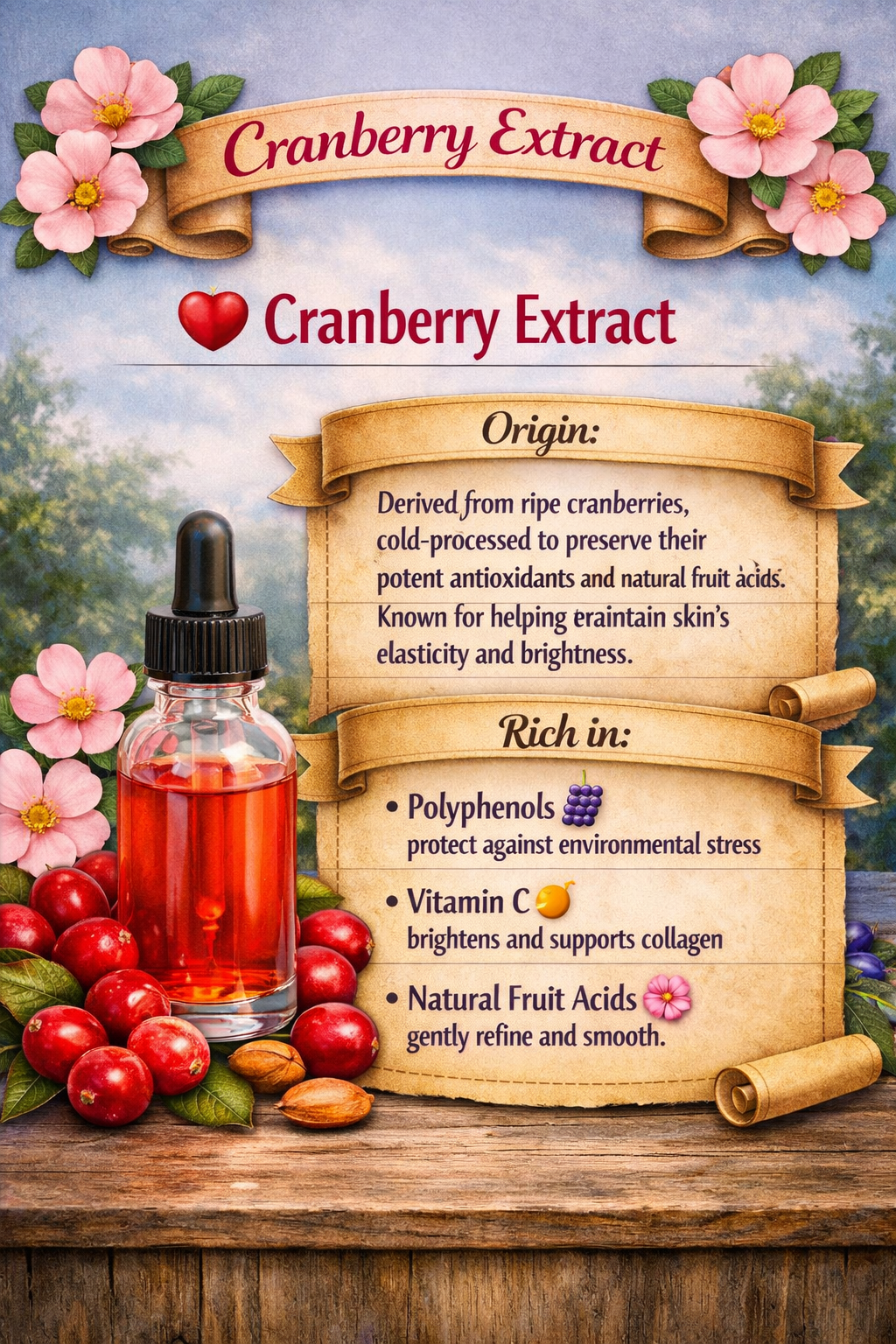 A dropper bottle of cranberry extract surrounded by cranberries, blossoms, and greenery on a wooden surface. Scroll text describes the extract as cold‑processed from ripe cranberries and rich in polyphenols for environmental defense, vitamin C for brightness, and natural fruit acids for gentle refinement.