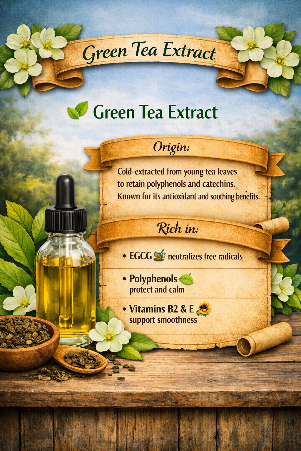 A small bottle of green tea extract arranged with dried tea leaves, white tea flowers, and a natural outdoor backdrop. Scroll text explains that the extract is cold‑processed from young tea leaves and rich in EGCG, polyphenols, and vitamins B2 and E, known for antioxidant and calming support.