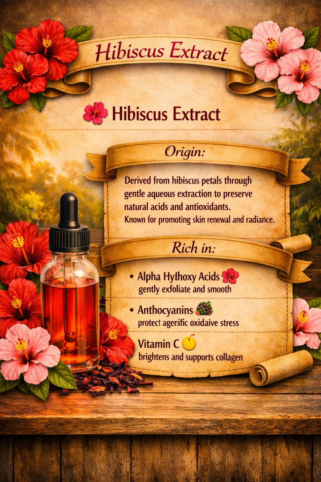 A small bottle of hibiscus extract displayed with hibiscus petals and rustic botanical elements. The scroll text explains that the extract is derived from hibiscus petals and rich in alpha hydroxy acids, anthocyanins, and vitamin C, known for promoting radiance, renewal, and antioxidant protection.
