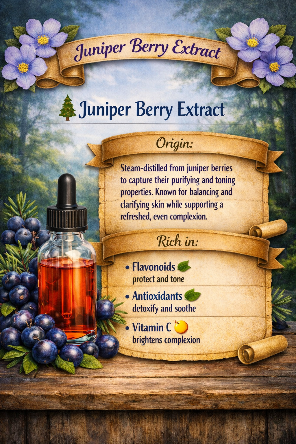 A dropper bottle of juniper berry extract displayed with juniper berries, flowers, and a forest‑themed background. Scroll text notes that the extract is steam‑distilled from juniper berries and rich in flavonoids for tone, antioxidants for protection, and vitamin C for a bright, refreshed appearance.
