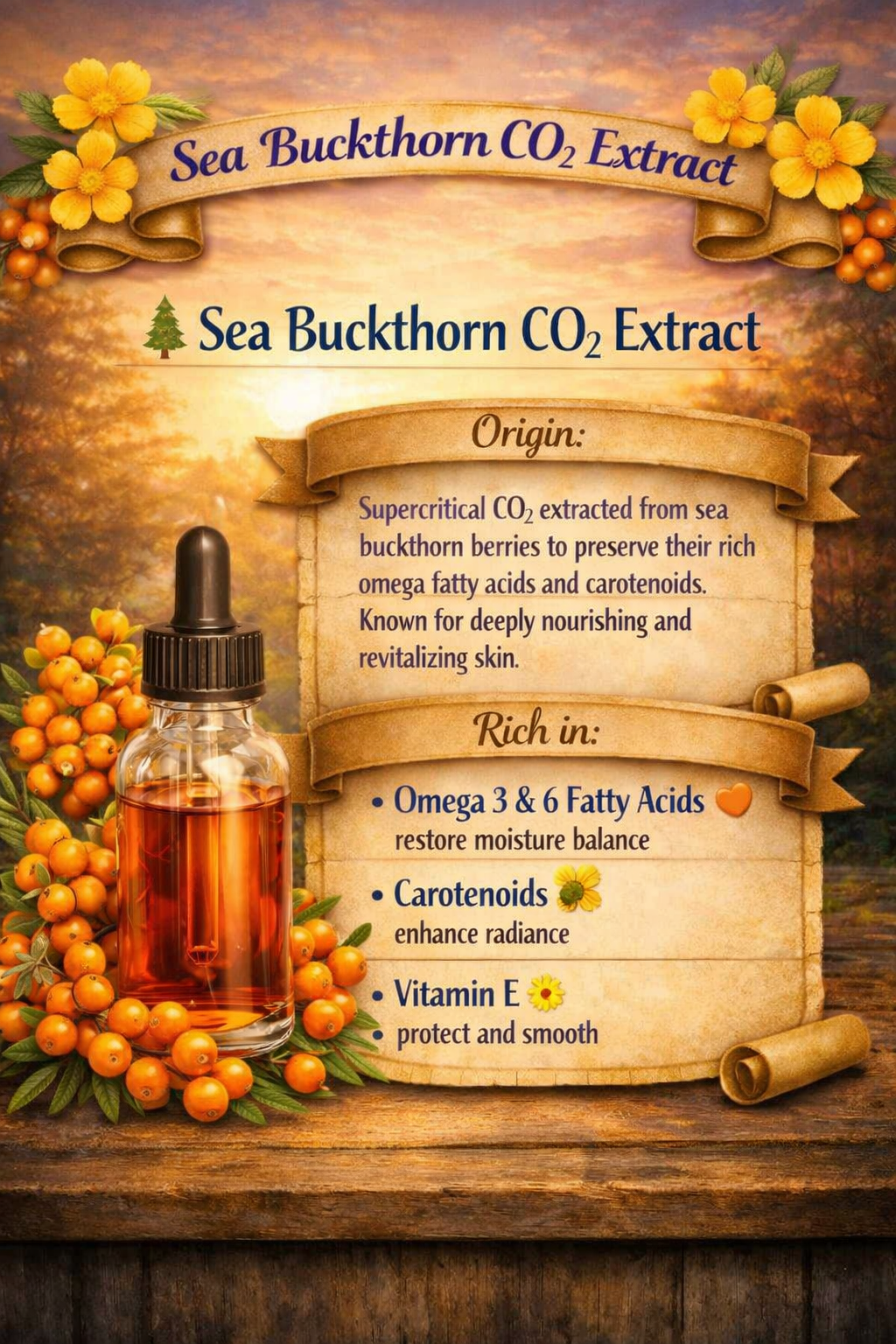 A bottle of sea buckthorn CO₂ extract surrounded by bright orange berries and green leaves on a rustic botanical backdrop. Scroll text describes the extract as CO₂‑derived from sea buckthorn berries and rich in omega‑3 and omega‑6 fatty acids, carotenoids for radiance, and vitamin E for a smooth, conditioned finish.