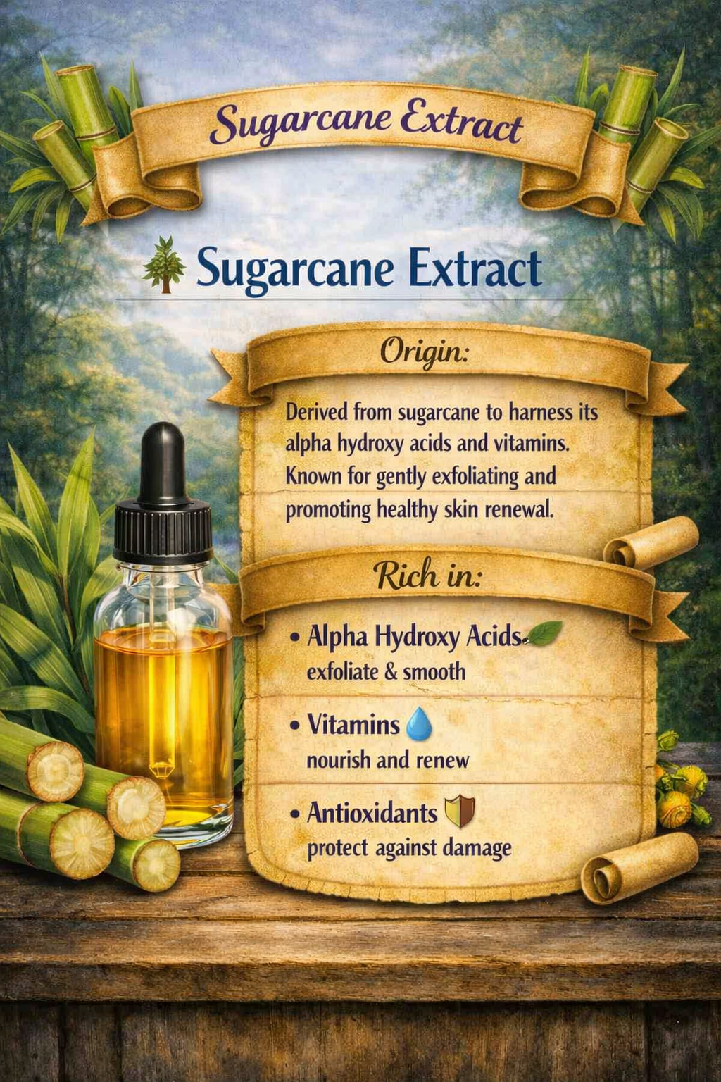 Sugarcane extract bottle with sugarcane plants, highlighting its exfoliating AHAs and vitamin‑rich benefits.