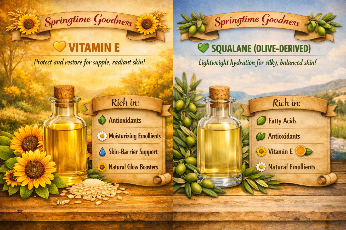 Two images of a bottle of oil with sunflower and olive elements, labeled 'Springtime Goodness' with vitamin E and squalane benefits.