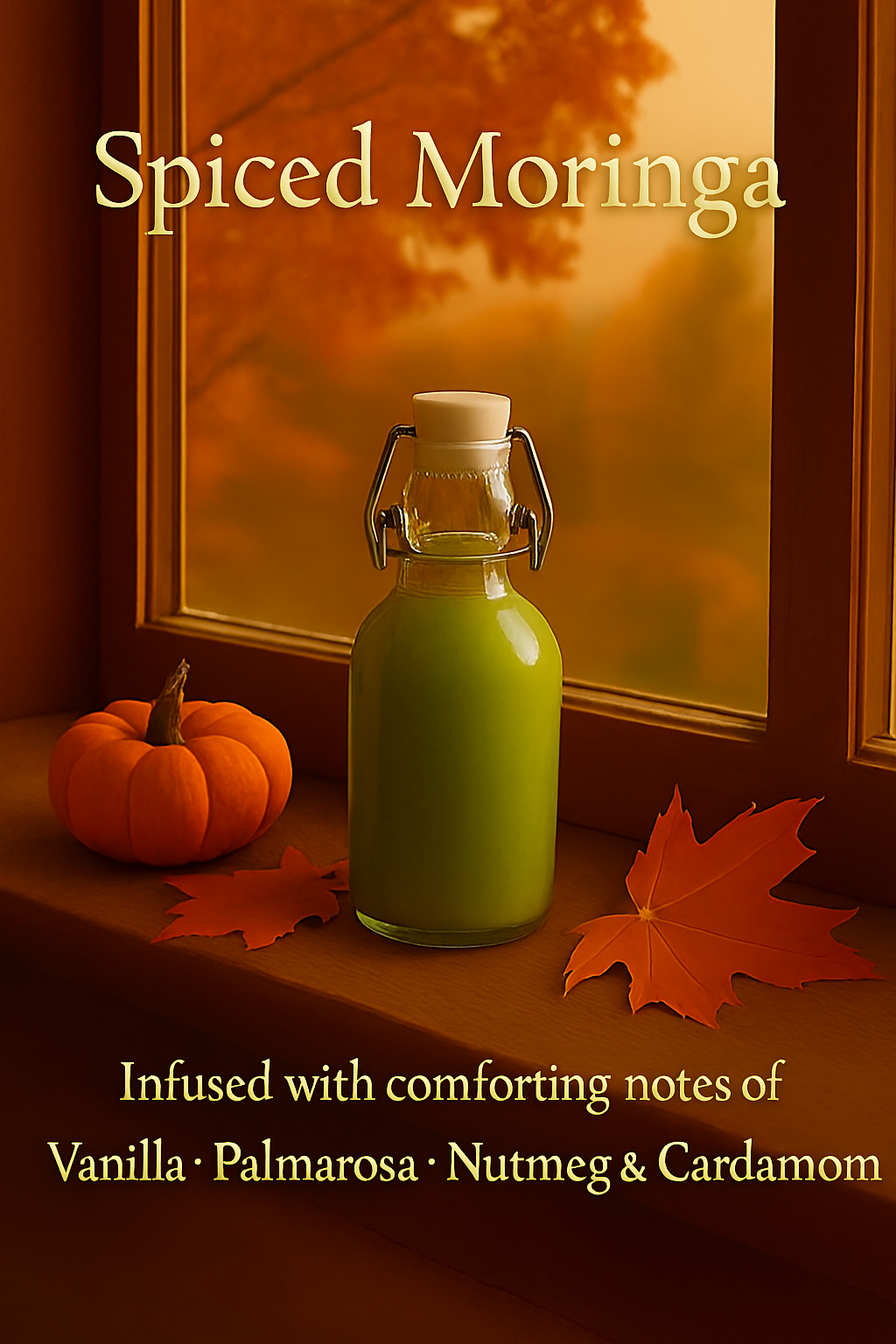 Green bottle of spiced moringa with pumpkin and leaves on a wooden surface