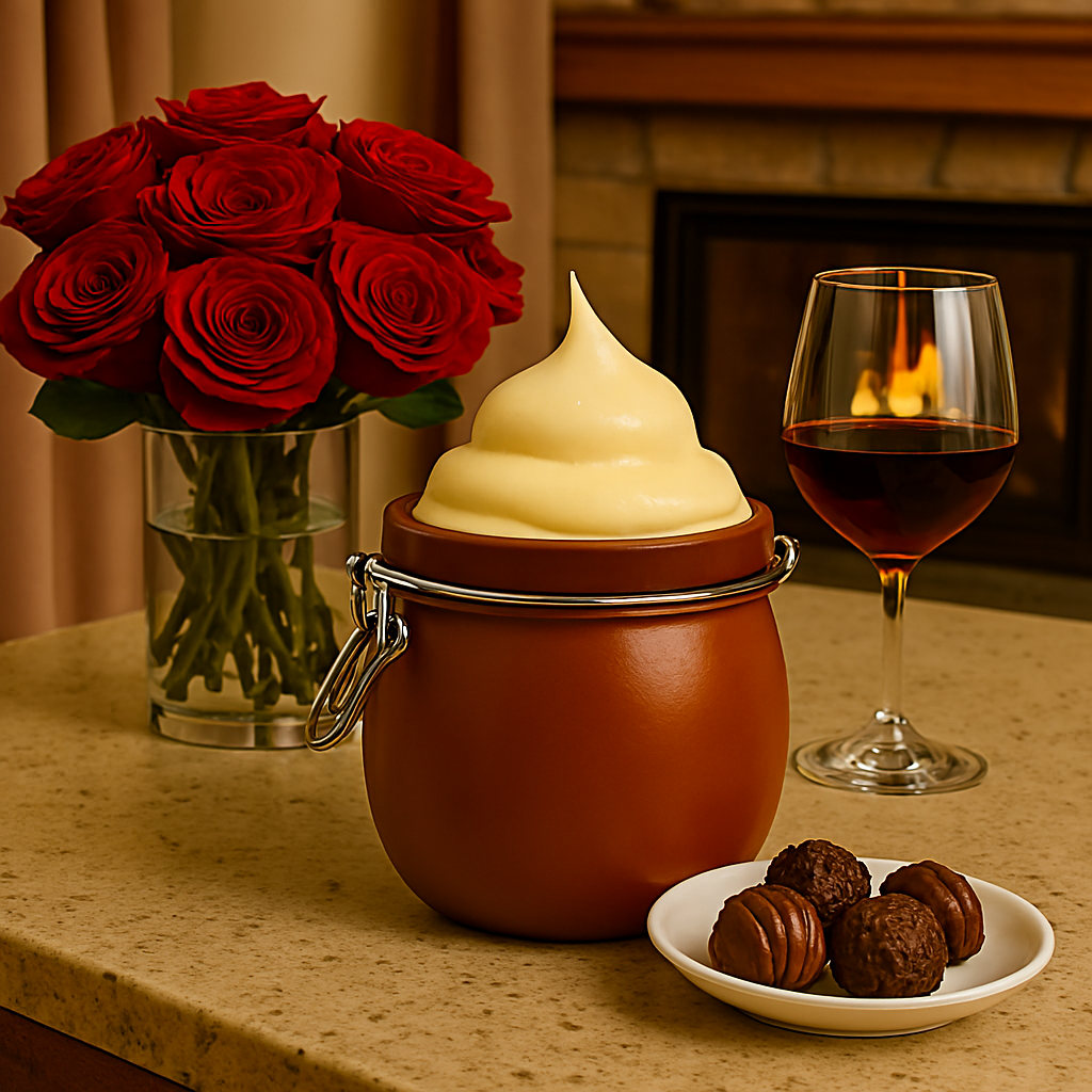 Rosie Mango comfort cream in a resuable ceramic jar with  red roses, and a glass of wine on a table.